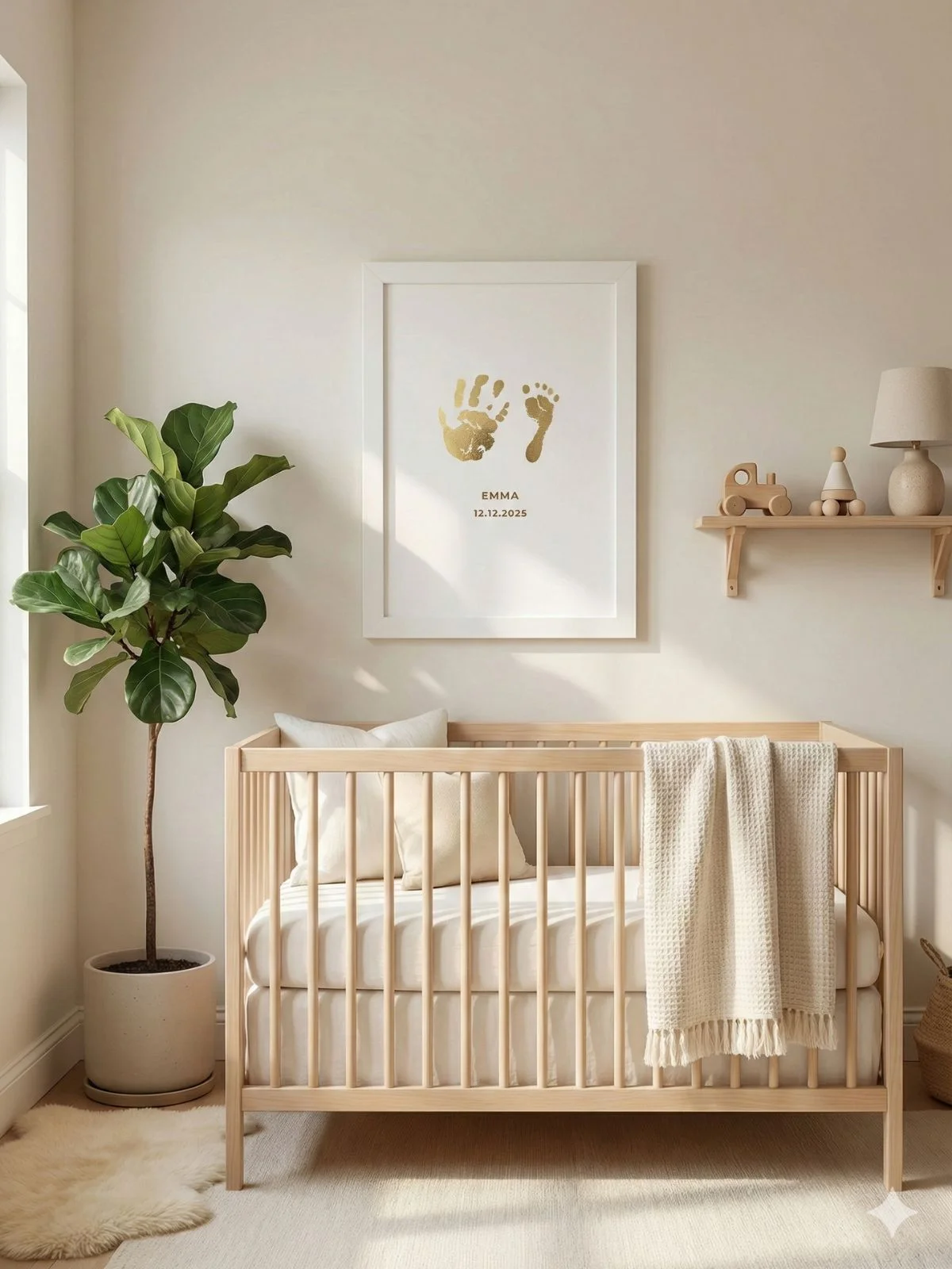 Gold foil baby handprint and footprint keepsake displayed in a beautiful living room